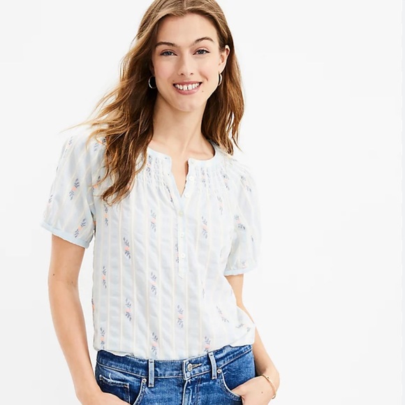 LOFT Striped Half Button Puff Sleeve Top - Picture 1 of 7